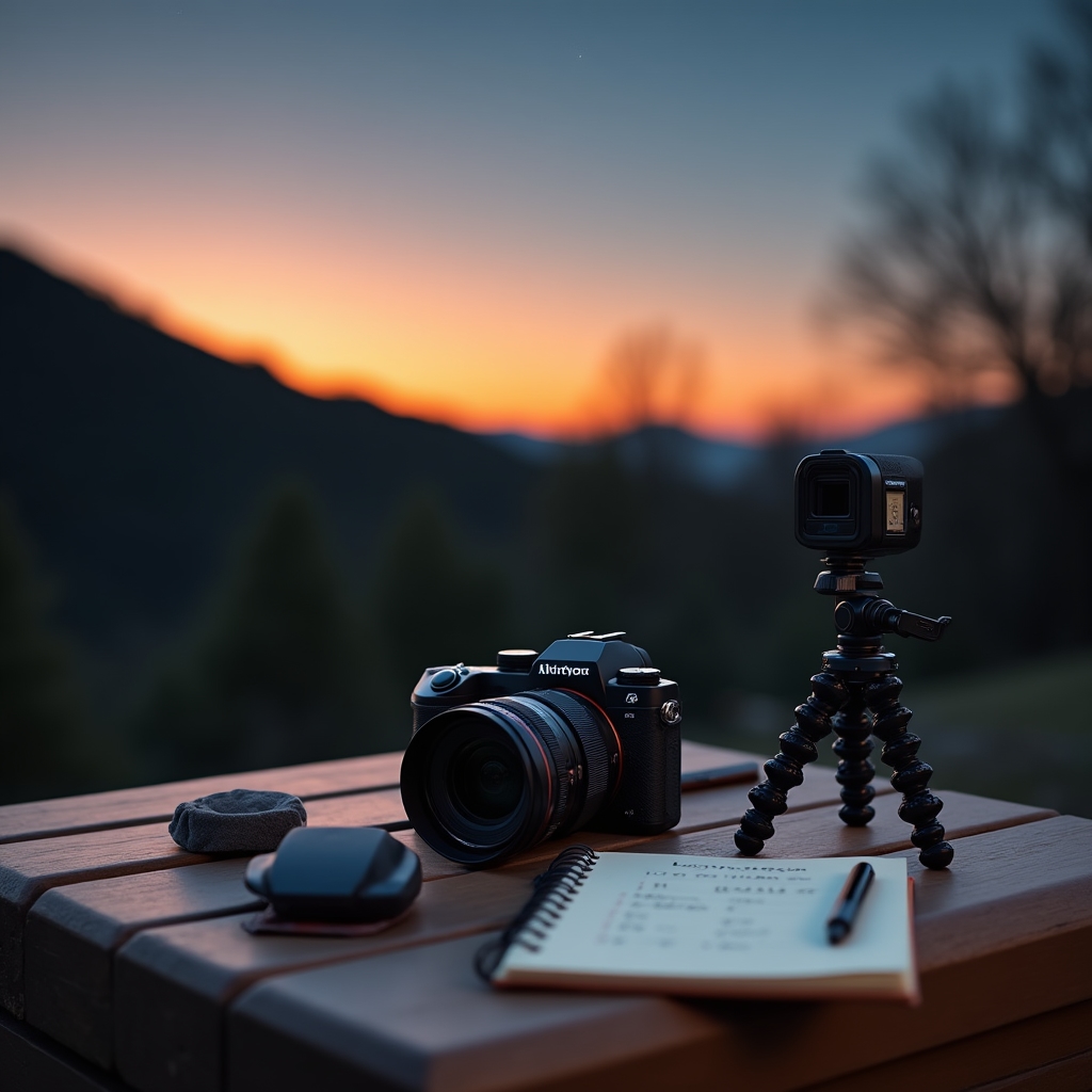 Tripod-mounted camera, spare batteries and a notebook arranged on an outdoor table before a night photography session