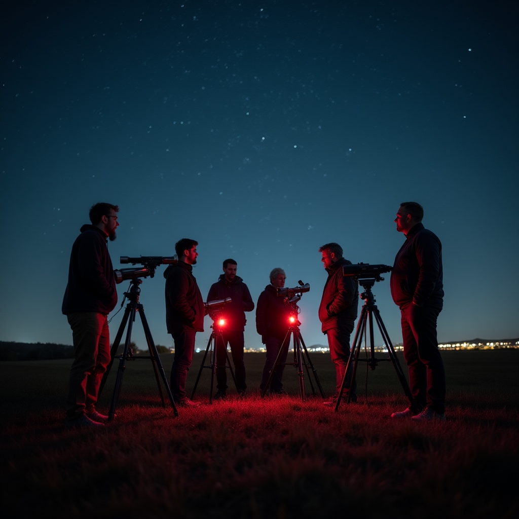 Group of adults of varied ages gathered around telescopes in an open field at night during a stargazing session